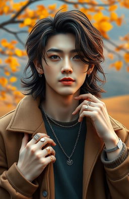 A realistic portrayal of a male K-pop idol with medium-length brown hair, black roots, and wavy texture