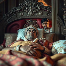 a sick and sad Indian king lying in an intricately designed bed, adorned with traditional Indian royal attire and rich textiles