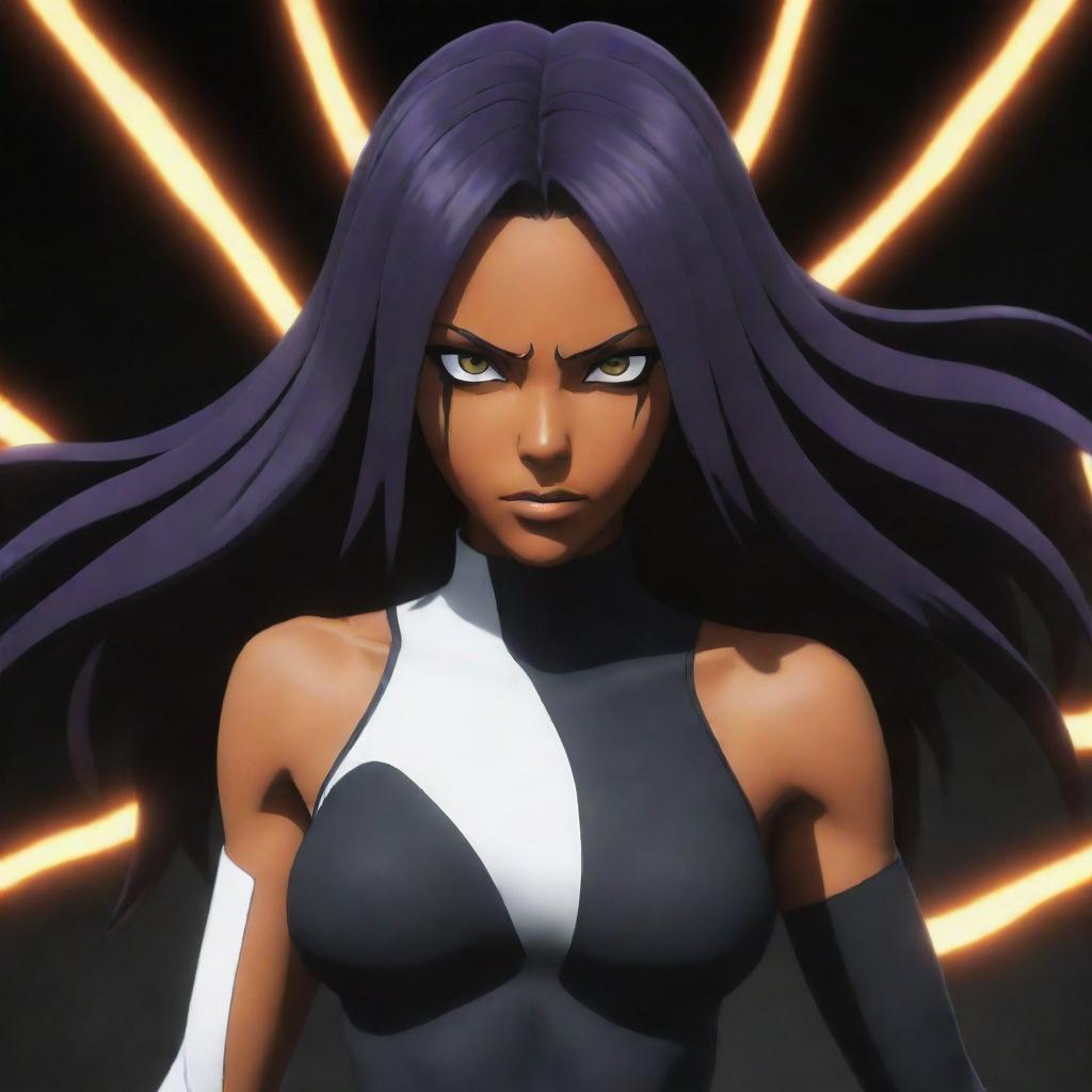 Generate an image of Yoruichi Shihoin from the anime Bleach in her Hollow form, capturing her intensity and powerful aura