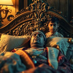 a sick and sad Indian king lying in an intricately designed bed, adorned with traditional Indian royal attire and rich textiles