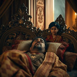 a sick and sad Indian king lying in an intricately designed bed, adorned with traditional Indian royal attire and rich textiles