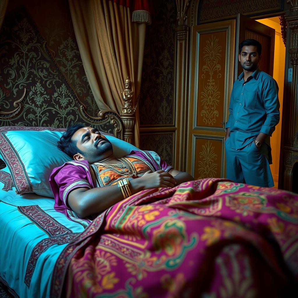 a sick and sorrowful Indian king lying in bed, dressed in traditional Indian royal clothing with vibrant colors