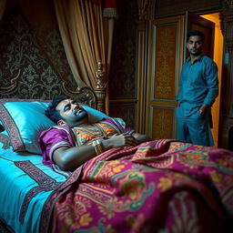 a sick and sorrowful Indian king lying in bed, dressed in traditional Indian royal clothing with vibrant colors