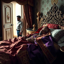 a sick and sorrowful Indian king lying in bed, dressed in traditional Indian royal clothing with vibrant colors