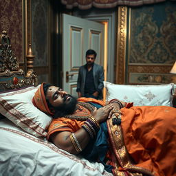 a sick and sorrowful Indian king lying in bed, dressed in traditional Indian royal clothing with vibrant colors