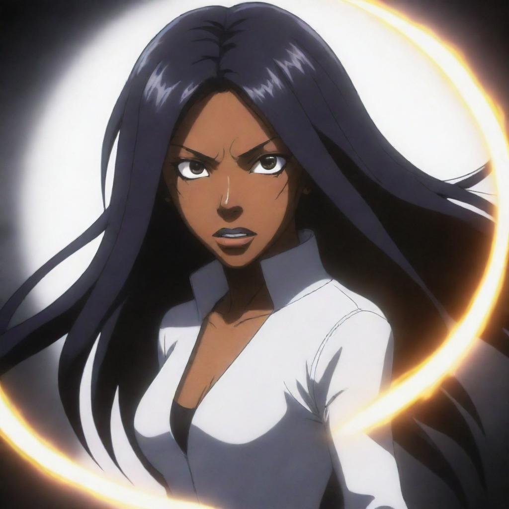 Generate an image of Yoruichi Shihoin from the anime Bleach in her Hollow form, capturing her intensity and powerful aura