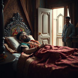 a sick and sorrowful Indian king lying in bed, dressed in traditional Indian royal clothing with vibrant colors