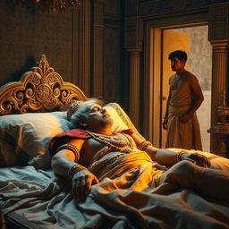 a sick and weary Mahabharata king lying in a luxurious bed, adorned with intricate jewelry and traditional Indian royal attire