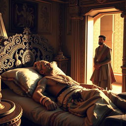 a sick and weary Mahabharata king lying in a luxurious bed, adorned with intricate jewelry and traditional Indian royal attire