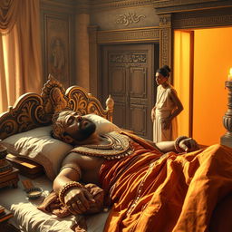 a sick and weary Mahabharata king lying in a luxurious bed, adorned with intricate jewelry and traditional Indian royal attire