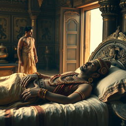 a sick and weary Mahabharata king lying in a luxurious bed, adorned with intricate jewelry and traditional Indian royal attire