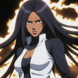 Generate an image of Yoruichi Shihoin from the anime Bleach in her Hollow form, capturing her intensity and powerful aura