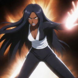 Generate an image of Yoruichi Shihoin from the anime Bleach in her Hollow form, capturing her intensity and powerful aura