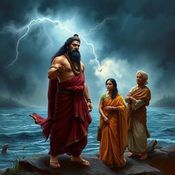 Bhisma, standing tall and resolute, swearing an oath by the riverbank, his expression determined and intense