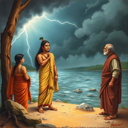 Bhisma, standing tall and resolute, swearing an oath by the riverbank, his expression determined and intense