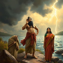 Bhisma, standing tall and resolute, swearing an oath by the riverbank, his expression determined and intense