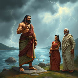 Bhisma, standing tall and resolute, swearing an oath by the riverbank, his expression determined and intense