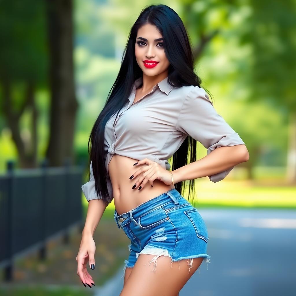 A woman with a seductive smile, wearing short jeans and a blouse, with long black hair