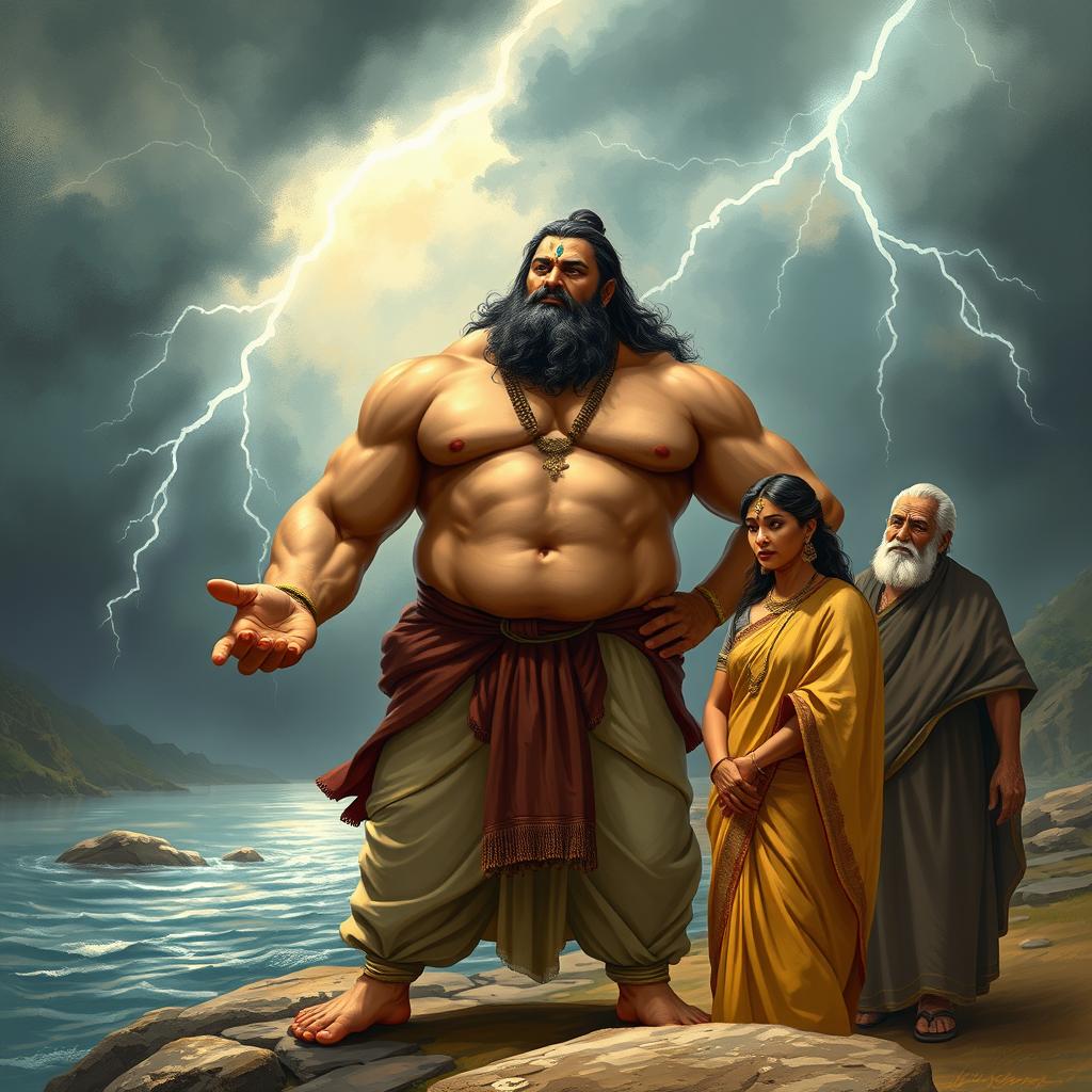 A muscular and slightly larger-than-average Bhisma standing resolute at the riverbank, swearing an oath with a determined and powerful stance