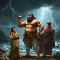 A muscular and slightly larger-than-average Bhisma standing resolute at the riverbank, swearing an oath with a determined and powerful stance