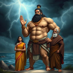 A muscular and slightly larger-than-average Bhisma standing resolute at the riverbank, swearing an oath with a determined and powerful stance