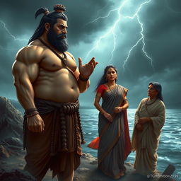 A muscular and slightly larger-than-average Bhisma standing resolute at the riverbank, swearing an oath with a determined and powerful stance