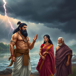 A manly and determined Bhisma stands at the riverbank, swearing an oath with a strong, commanding presence, yet maintaining human proportions