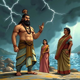 A manly and determined Bhisma stands at the riverbank, swearing an oath with a strong, commanding presence, yet maintaining human proportions