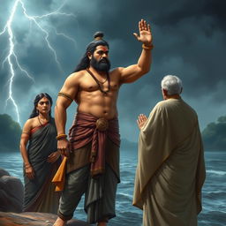 A manly and determined Bhisma stands at the riverbank, swearing an oath with a strong, commanding presence, yet maintaining human proportions