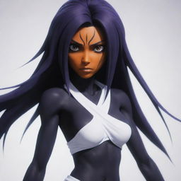 Generate a stylized image of Yoruichi, a character commonly associated with the anime Bleach, in her eerie yet powerful Hollow form