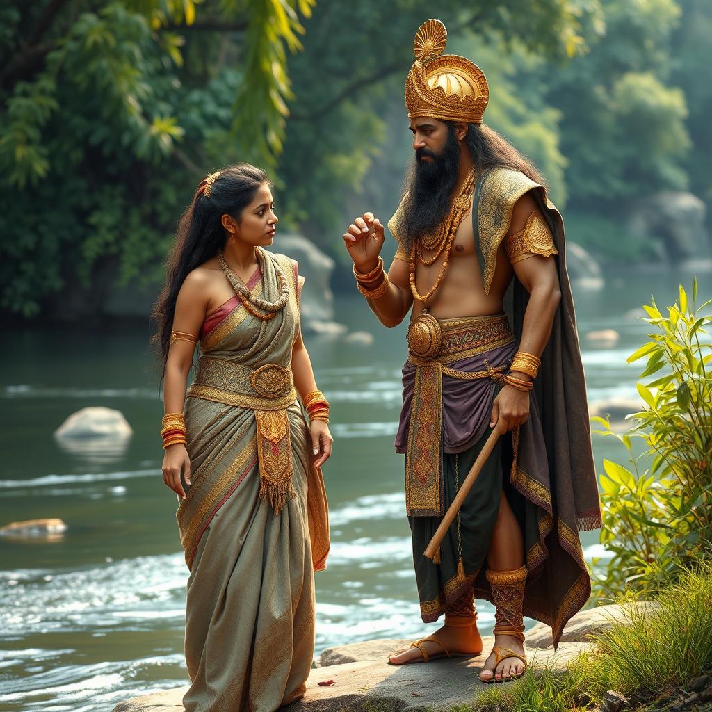 A majestic Mahabharata king stands on a lush riverside, adorned in opulent attire with intricate gold embroidery, exuding an aura of power and regality