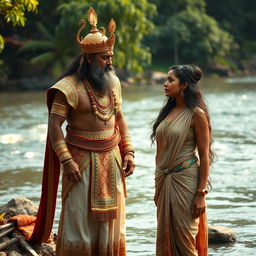 A majestic Mahabharata king stands on a lush riverside, adorned in opulent attire with intricate gold embroidery, exuding an aura of power and regality