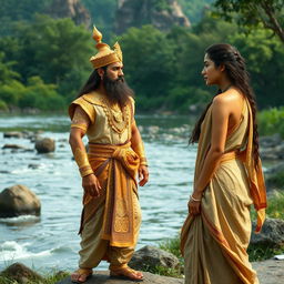 A majestic Mahabharata king stands on a lush riverside, adorned in opulent attire with intricate gold embroidery, exuding an aura of power and regality