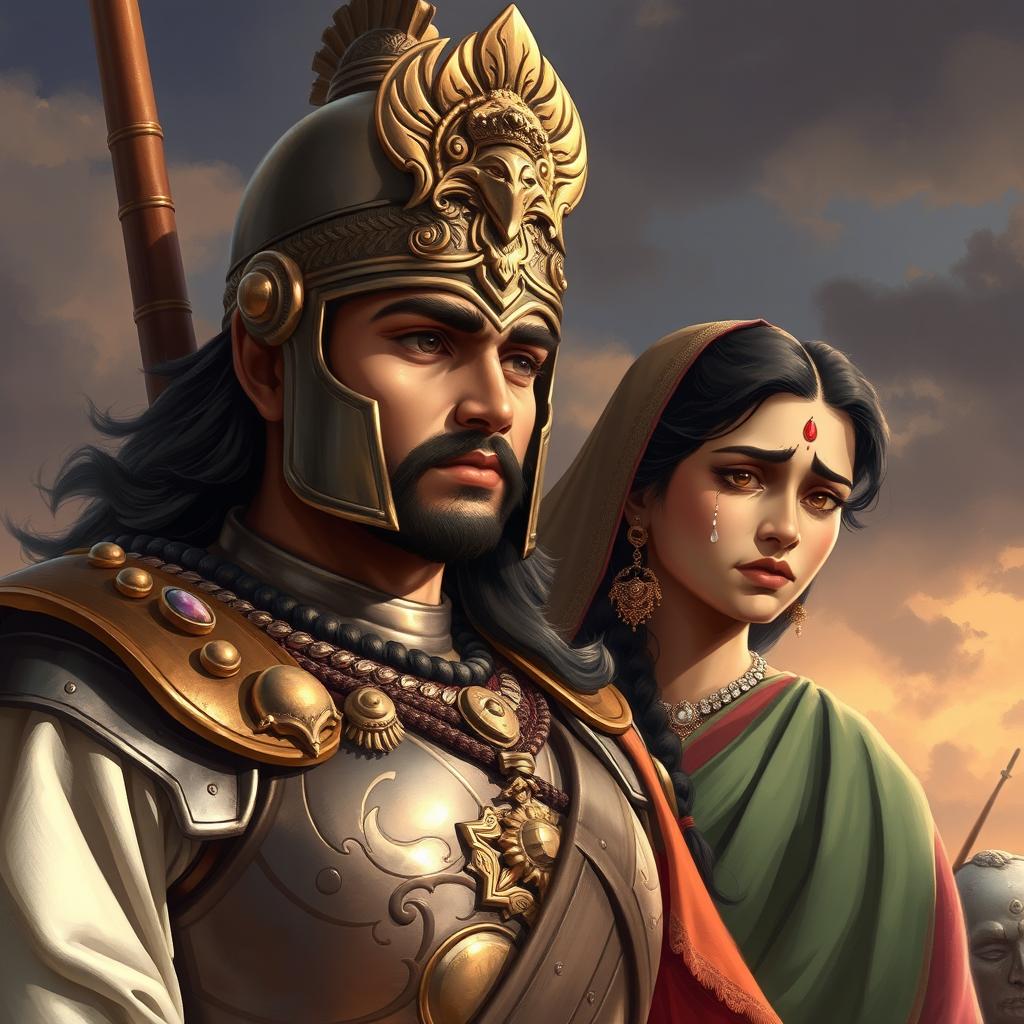 Prince Chitrangada is depicted embarking on a grand battle, exuding courage and determination in his warrior attire, complete with a shining armor and an intricately designed helmet