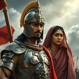 Prince Chitrangada is depicted embarking on a grand battle, exuding courage and determination in his warrior attire, complete with a shining armor and an intricately designed helmet