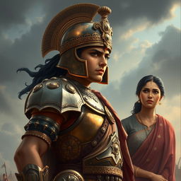 Prince Chitrangada is depicted embarking on a grand battle, exuding courage and determination in his warrior attire, complete with a shining armor and an intricately designed helmet