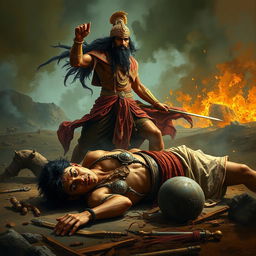 A dynamic and intense depiction of the fierce duel between Prince Chitrangada and the Gandharva king