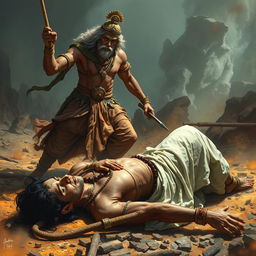 A dynamic and intense depiction of the fierce duel between Prince Chitrangada and the Gandharva king