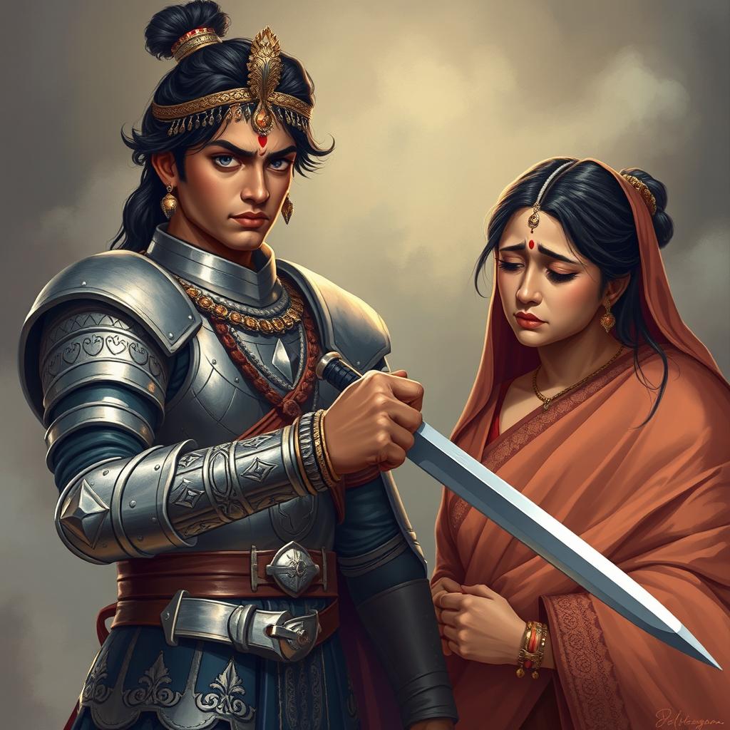 Prince Chitrangada is depicted preparing for an intense duel, his demeanor full of bravery and focus