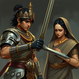 Prince Chitrangada is depicted preparing for an intense duel, his demeanor full of bravery and focus