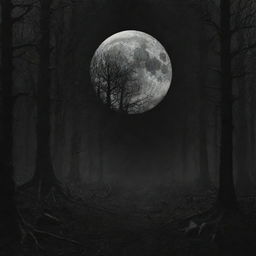 Design a detailed, haunting, and atmospheric black metal album cover. Include elements of dark forests, obscure symbols, and a silver moon against a black background.