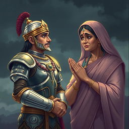 Prince Chitrangada depicted at a poignant moment as he bids farewell to his weeping mother before departing for battle