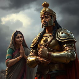 Prince Chitrangada depicted at a poignant moment as he bids farewell to his weeping mother before departing for battle