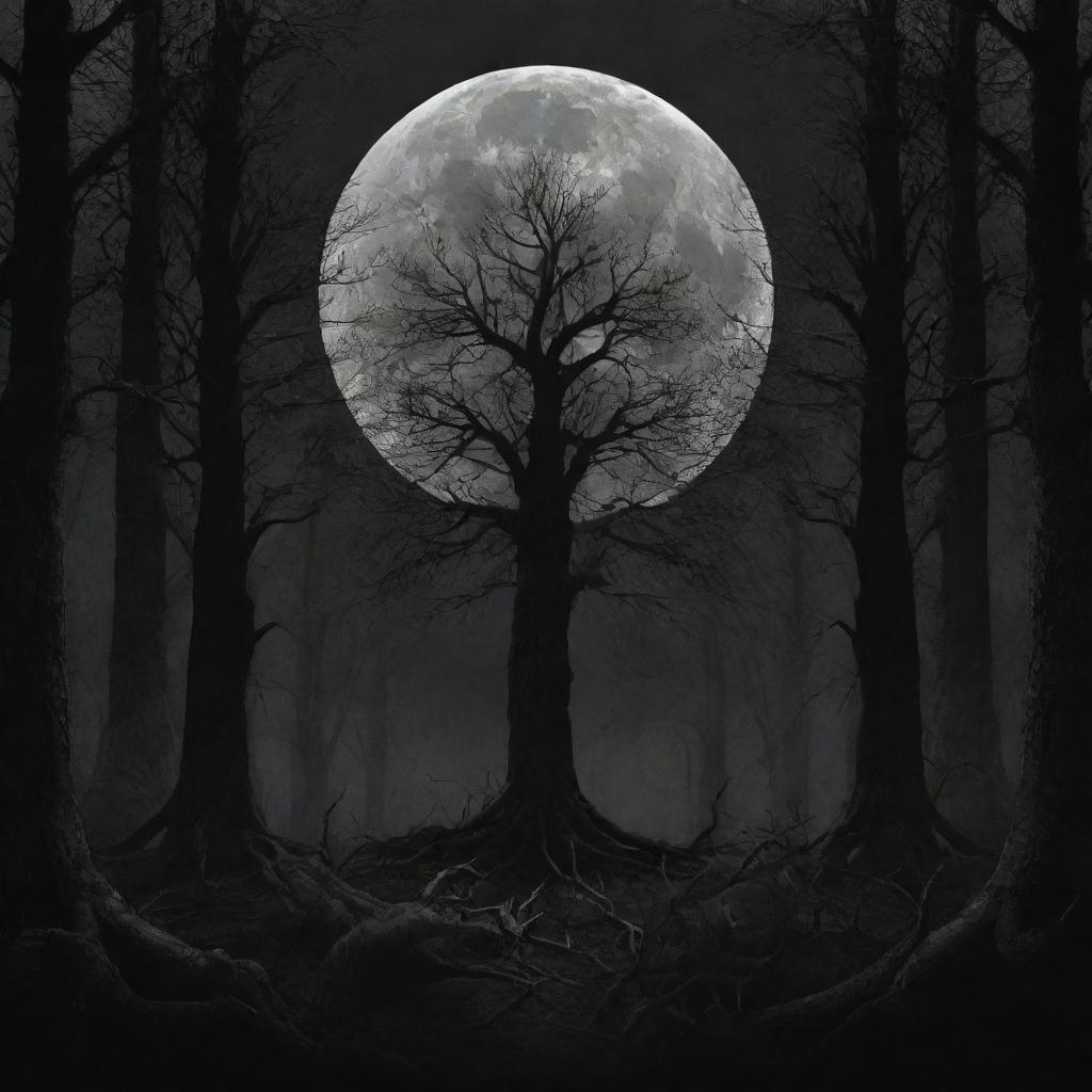 Design a detailed, haunting, and atmospheric black metal album cover. Include elements of dark forests, obscure symbols, and a silver moon against a black background.