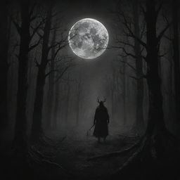 Design a detailed, haunting, and atmospheric black metal album cover. Include elements of dark forests, obscure symbols, and a silver moon against a black background.