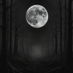 Design a detailed, haunting, and atmospheric black metal album cover. Include elements of dark forests, obscure symbols, and a silver moon against a black background.