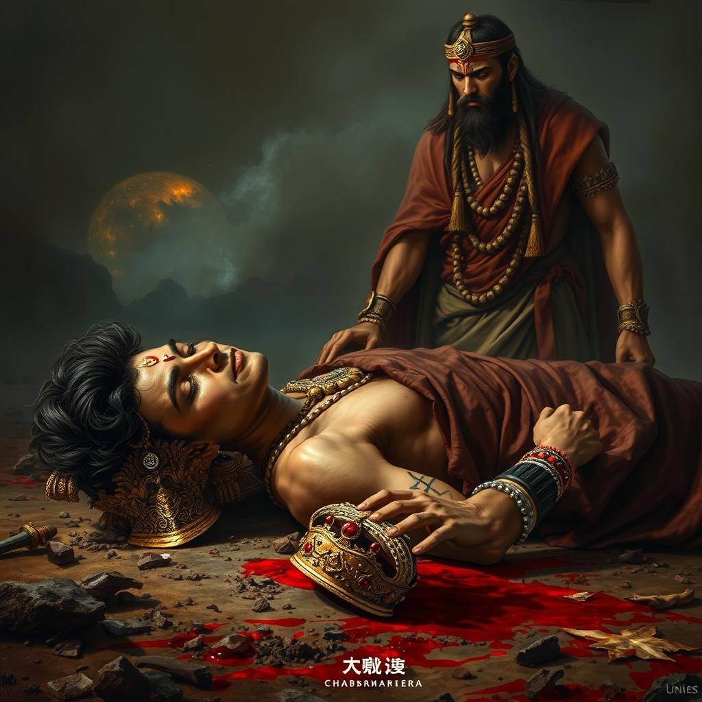 A dramatic and intense depiction of the duel's aftermath between Prince Chitrangada and the Gandharva king