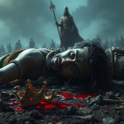 A dramatic and intense depiction of the duel's aftermath between Prince Chitrangada and the Gandharva king