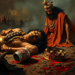 A dramatic and intense depiction of the duel's aftermath between Prince Chitrangada and the Gandharva king