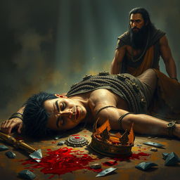 A dramatic and intense depiction of the duel's aftermath between Prince Chitrangada and the Gandharva king